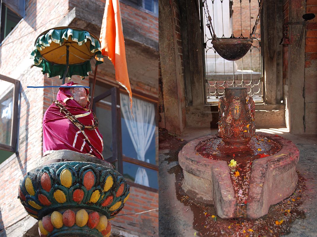 Kathmandu Valley 2 Kirtipur 08 Bagh Bhairav Temple Statue Under Umbrella,Shiva Lingam Near the entrance to the Bagh Bhairav Temple courtyard in Kirtipur near Kathmandu is a fertility shrine under a tin umbrella. To the right is a Shiva lingam.